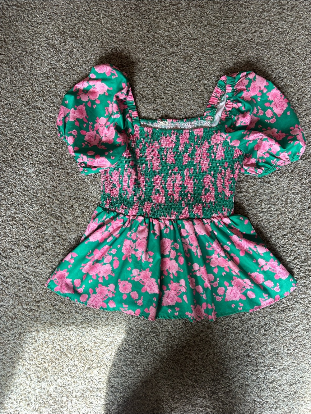 Kids Green & Pink Floral Smocked, Babydoll Top